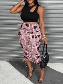 Maweii Plus Size Women Letter Print Color Block Drawstring Tie Ruched Hem Skirt Fall - Pink - View 6