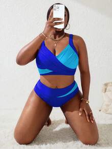 Slaydiva Plus Size Women 2pcs Baby Blue Splice Ruched Tankini Swimwear Set, Summer Beach Holiday - Multicolor - View 6