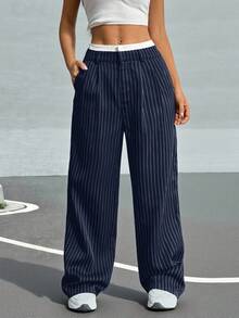 SHEIN PETITE CURVE Quần ống rộng xếp ly kẻ sọc cỡ lớn - Màu xanh hải quân - Xem 10