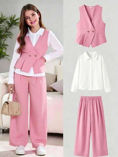 SHEIN Sparklyn Bộ 3 món cho bé gái tuổi teen, kiểu dáng thường ngày, gồm áo khoác không tay cổ chữ V có thắt lưng, áo sơ mi trắng dài tay và quần ống rộng thẳng, thích hợp cho mùa xuân và mùa thu.