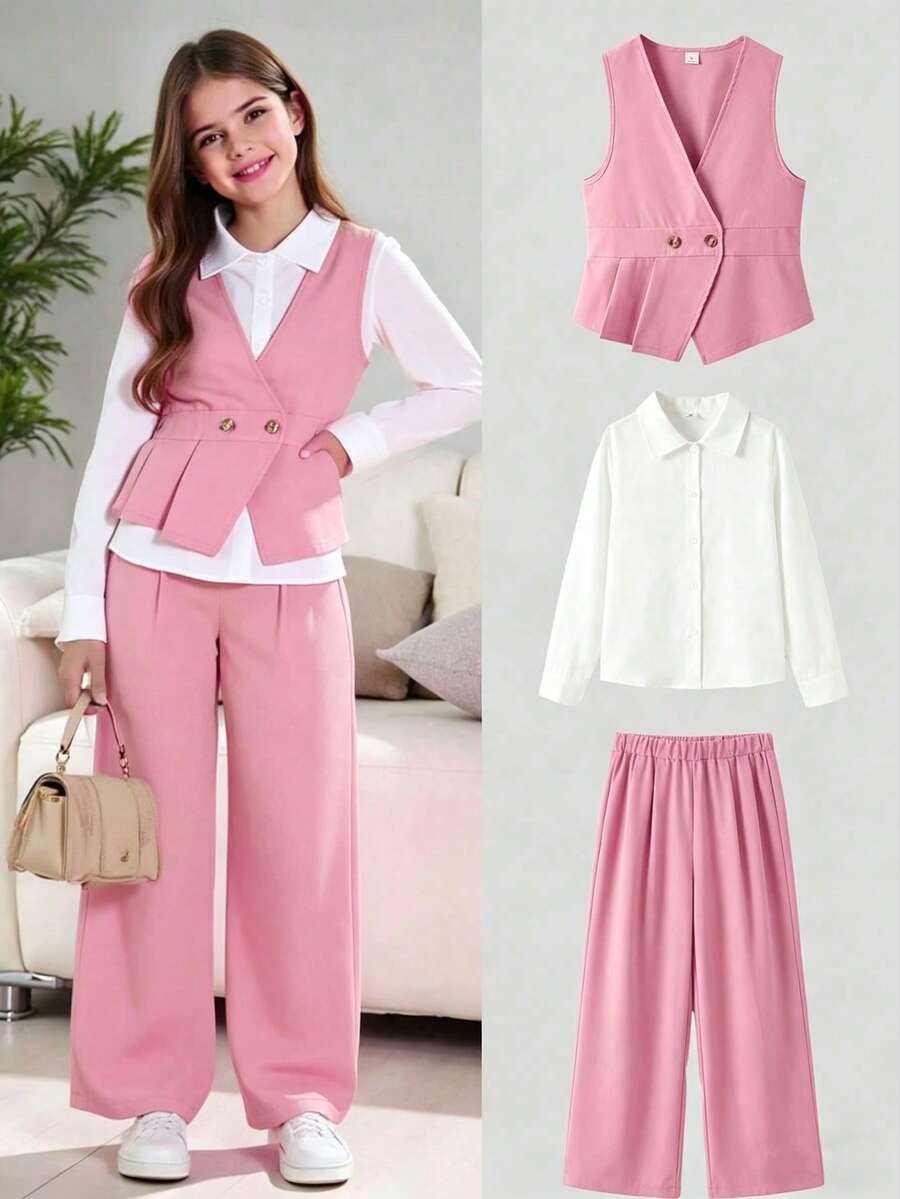 SHEIN Sparklyn Bộ 3 món cho bé gái tuổi teen, kiểu dáng thường ngày, gồm áo khoác không tay cổ chữ V có thắt lưng, áo sơ mi trắng dài tay và quần ống rộng thẳng, thích hợp cho mùa xuân và mùa thu. - Hồng - Xem 1