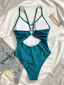 Swim Basics Women's Hollow-Out One-Piece Swimsuit With Circular Ring Detail, Suitable For Summer Beach Vacation - Blue Day - View 3