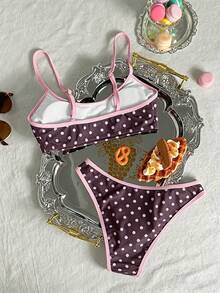 Swim Mod 女款波點印花細肩帶露背兩件式泳衣套裝，適合夏季度假海灘 - 彩色 - 查看 2