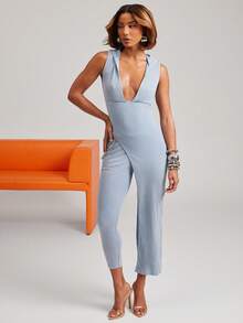 NYA SZN Quần skinny dệt kim gân màu trơn dáng casual dành cho nữ, thích hợp cho công sở và đi làm. - Màu xanh lam - Xem 6