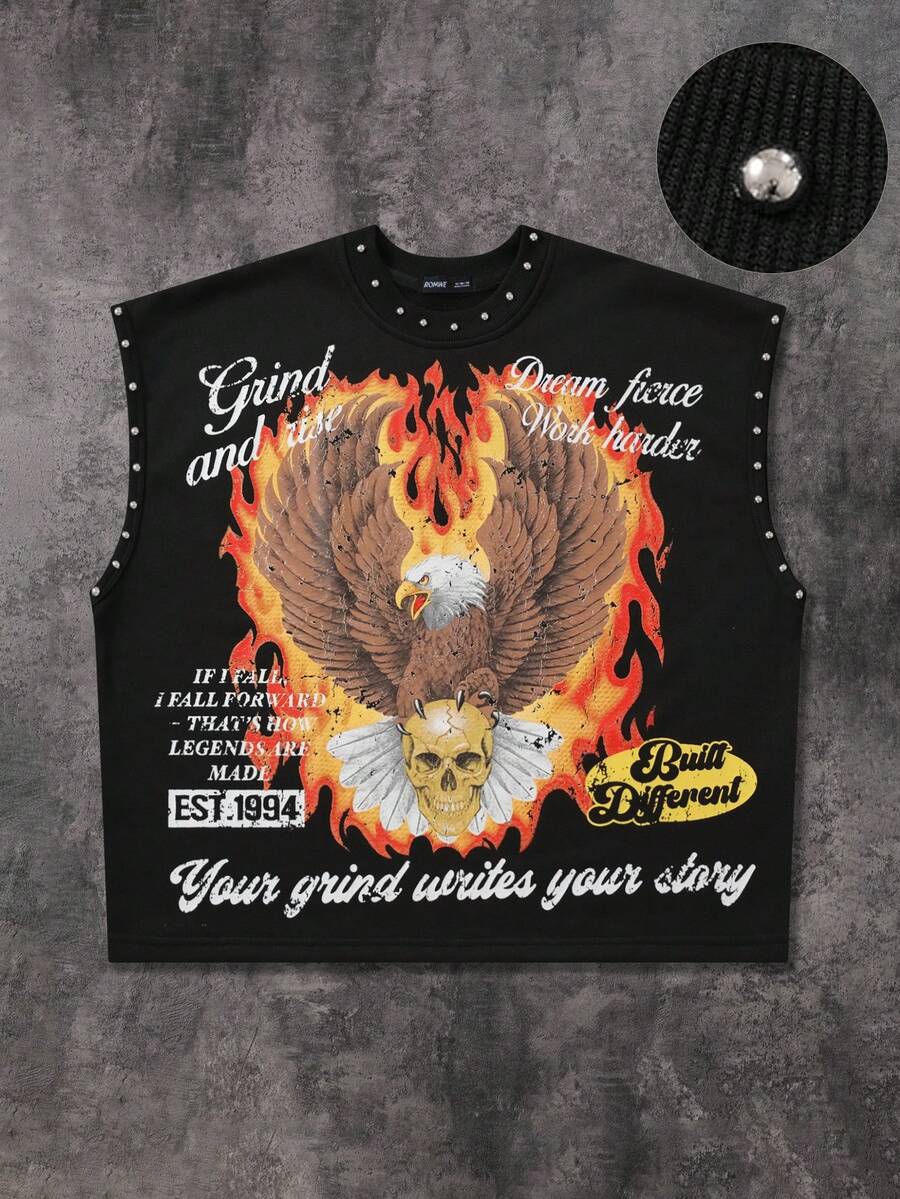 ROMWE MEN Street Life Men's Rivet Decor Blurred Portrait Print Loose Fit Tank Top - Black - View 1
