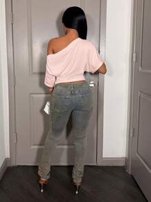 Slaydiva Spring/Summer Vacation Beachfront Elegant Party Date Birthday Casual Off-Shoulder Loose Fit Waist Pleated White T-Shirt Top-A - Baby Pink - View 2