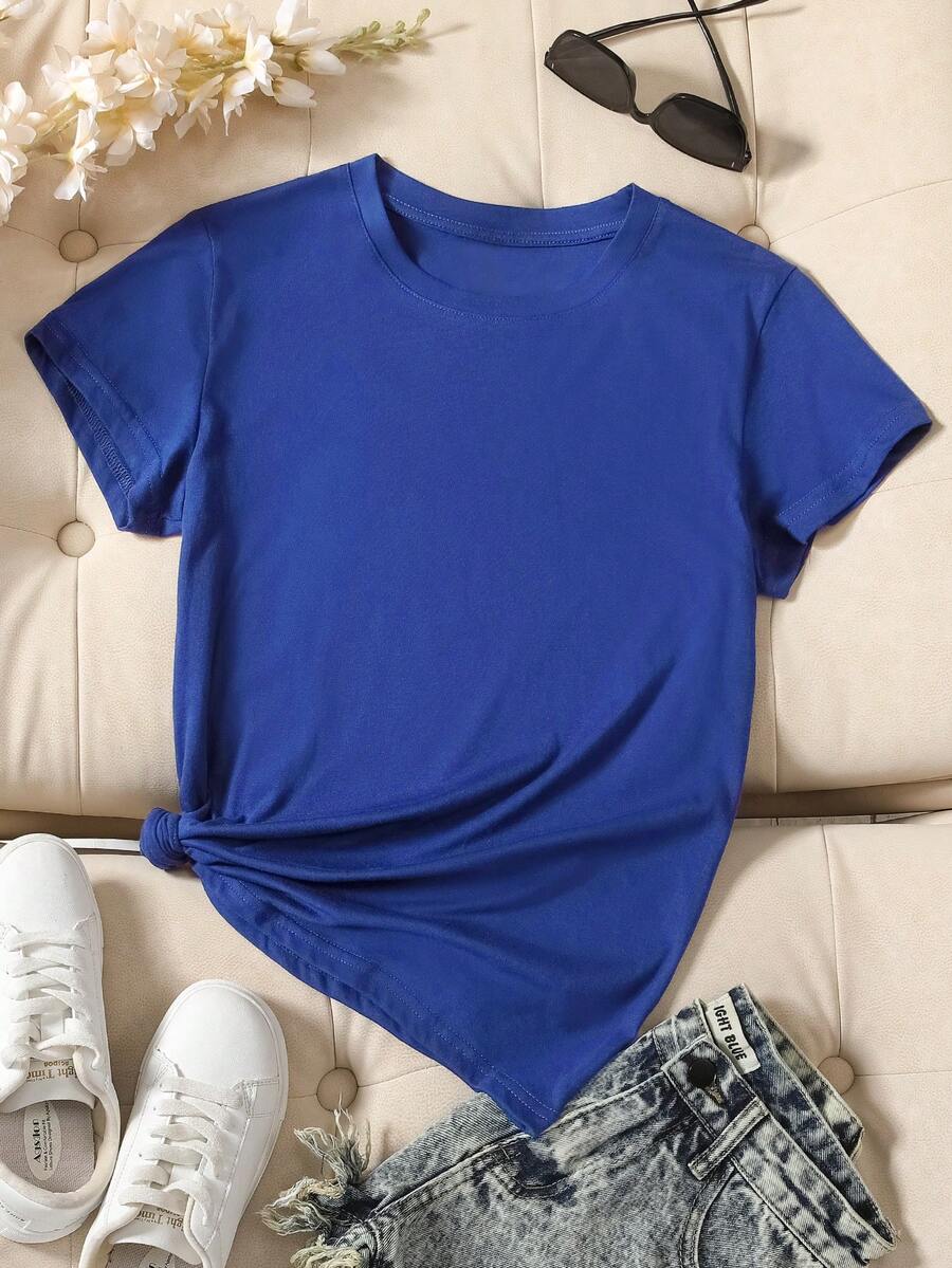 Resyla Camiseta De Manga Corta Con Cuello Redondo Y Color Sólido Para Mujer - azul real - Ver 1