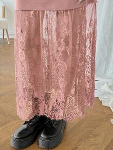 SHEIN LUNE Women's Casual Solid Color Lace Patchwork Sleeveless Long Dress, Basic Outfit For Spring/Summer Daily Wear Date, Commuting And Outings Dusty Pink - Dusty Pink - View 7