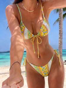Swim Mod Conjunto De Bikini Con Lazo Lateral De Canalé Floral Y Florecitas De Summer Beach - Multicolor - Ver 1