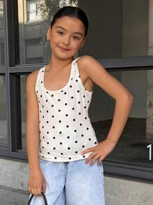 Dazy Kids Tank Top Leher Bulat Motif Polkadot Kasual untuk Liburan & Perjalanan Anak Perempuan Usia 8-12 Tahun, Musim Panas - Putih - View 4