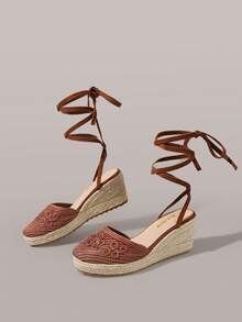 Styleloop Giày nữ, màu nâu, giày rơm đan bằng dây gai dầu, quai ngang mắt cá chân, đế xuồng, sandal đế cao, giày giúp tăng chiều cao, phong cách bohemian cho kỳ nghỉ. - màu nâu - Xem 6