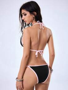 Y2Kool Y2K Cute Sexy Contrast Color Lace Patchwork Bow Crop Top Bikini Set, Casual Streetwear For Girls, Suitable For Spring/Summer Party, Beach Black - Black - View 2