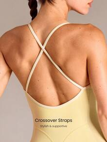 GLOWMODE 24" FeatherFit™ Breathable Stretchy Contouring Side Seams Contrast Trim Crisscross Back Bodysuit One Piece With Removable Cups Low Impact Yoga Studio Pilates Daily Wear - French Vanilla - View 4