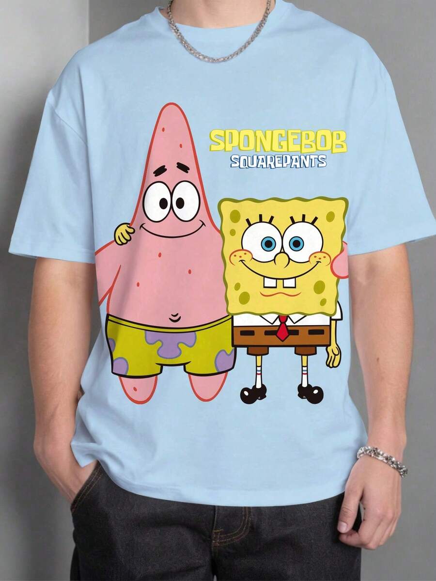 SpongeBob SquarePants | SHEIN 青少年男童圆领短袖休闲T恤, - 白色 - 查看 1