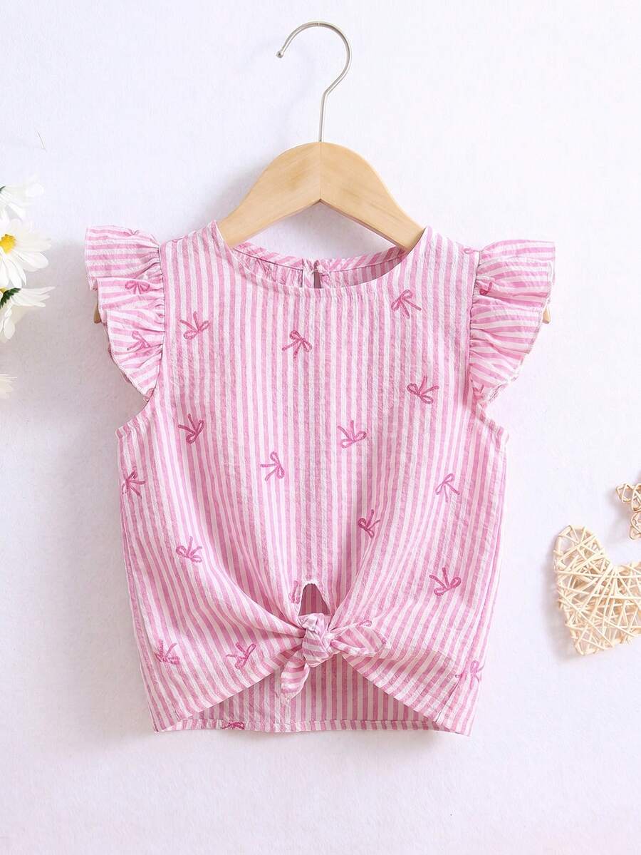 SHEIN Áo sơ mi in họa tiết nơ sọc cho bé gái - Hồng - Xem 1