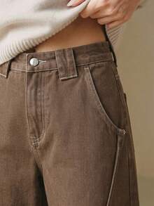 Anewsta Women's Fashion Casual Daily Commute Slant Pocket Cropped Jeans - Brown - View 2