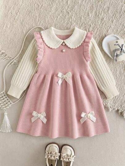SHEIN Đầm len dệt kim màu tương phản rộng rãi thoải mái và dễ thương cho bé gái