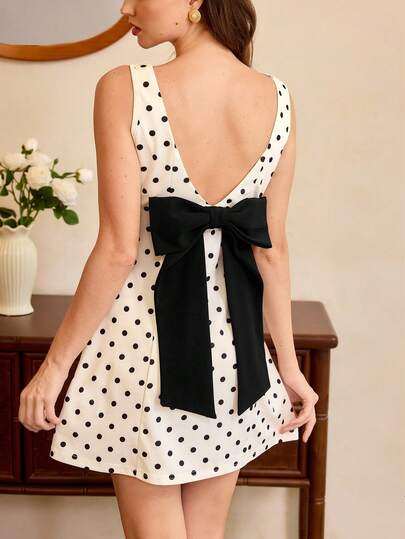 Vintamour Vintage Elegant Women's Dress, Polka Dot Contrast Bow Backless Casual Holiday Party Mini Skirt, Bodycon Skirt