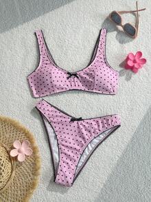 Swim Mod Women's Black Polka Dot Bikini 2-Piece Set With Ruffle Bow Decor, Sweet And Cute For Beach Vacation Wear Summer - Pink - View 3