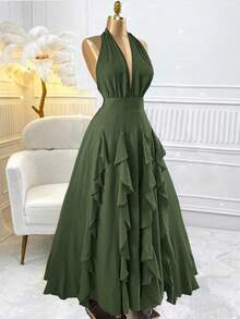 Rafferiza 女士优雅荷叶边腰身纯色夏季连衣裙 - 軍綠色 - 查看 8
