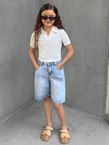 Dazy Kids Tween Girls' Collared Short Sleeve Fitted T-Shirt Summer - White - View 1
