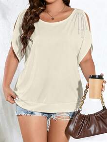 SHEIN Clasi Plus Size Women Solid Color Knitted Round Neck With Ripped Shoulder Rhinestone Design Casual Summer T-Shirt Graphic Tees Women Tops - Apricot - View 3