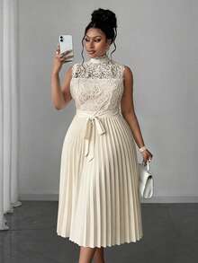 Maweii Plus Size Women Lace Sleeveless Elegant Ninang Party Formal Wedding Midi Dress, Summer Beige - Apricot - View 1