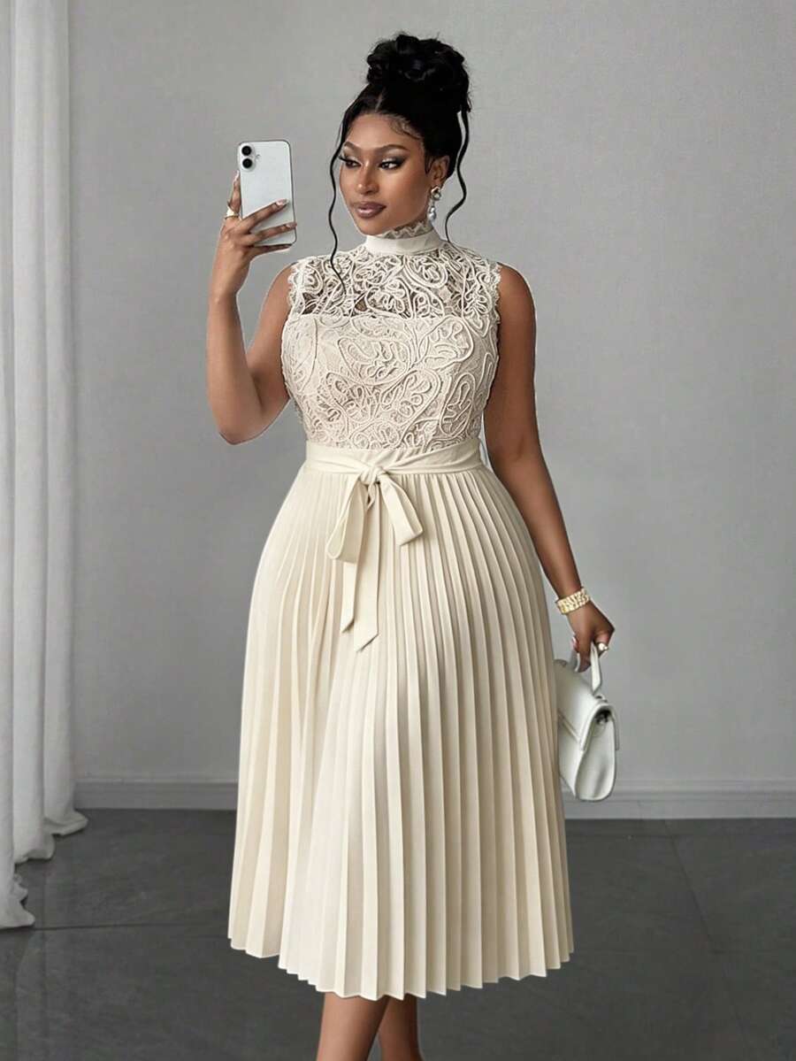 Maweii Plus Size Women Lace Sleeveless Elegant Ninang Party Formal Wedding Midi Dress, Summer Beige - Apricot - View 1