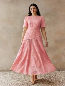 Anewsta Quality Elegant Floral Trim Round Neck Waist Cinched Short Sleeve Plus Size Women Dress - Pink - View 4