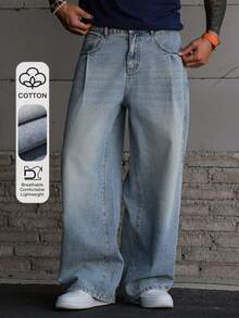 DAZY Men's Solid Blue Washed Vintage Style Denim Jeans, Suitable For Spring And Autumn - Blue - View 1