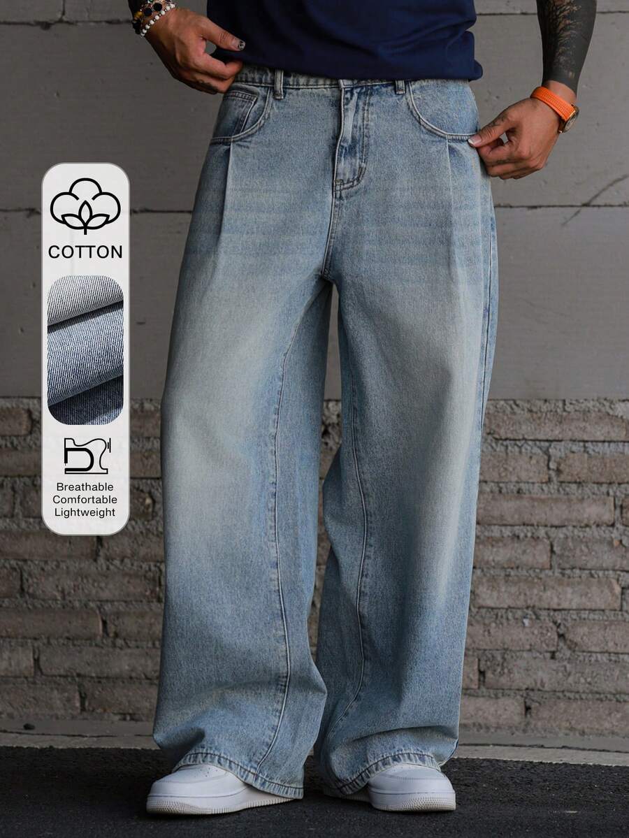 DAZY Men's Solid Blue Washed Vintage Style Denim Jeans, Suitable For Spring And Autumn - Blue - View 1