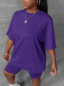 Slaydiva Women's Solid Color Round Neck Simple T-Shirt And Casual Skinny Shorts Set, Suitable For Home And Office,Summer Outfits For Women - Violet Purple - View 4