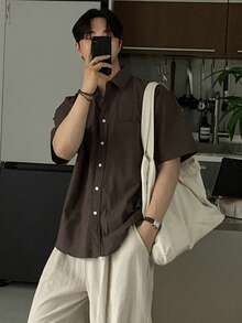 DAZY 男士纯色翻领单排扣短袖衬衫，夏季通勤和外出皆宜 - 咖啡棕 - 查看 5