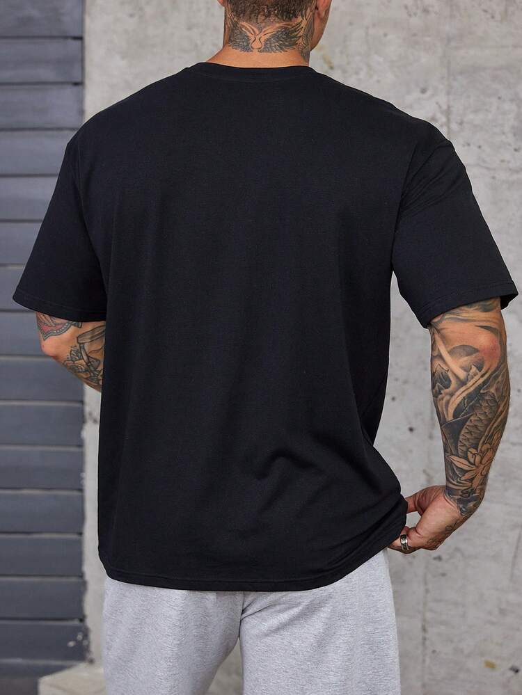 Black Round Neck Casual Letter Print Short Sleeve T-Shirt For Men, Summer Vacation