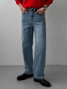 DAZY Quần jeans denim nam màu xanh dương trơn, kiểu dáng cổ điển, thích hợp cho mùa xuân/thu. - Màu xanh lam - Xem 6