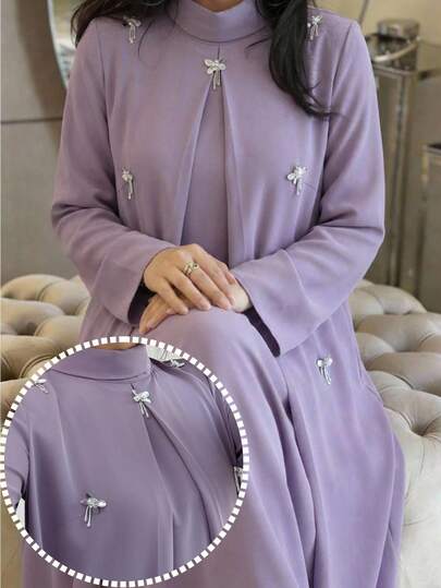Al Najma 大码女式水钻装饰高领长袖阿拉伯风格连衣裙
