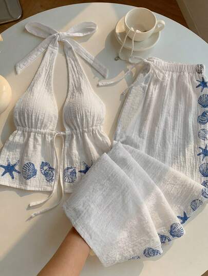 Comfortcana Bộ đồ hai mảnh hở lưng cổ yếm mùa hè với họa tiết đại dương dành cho nữ