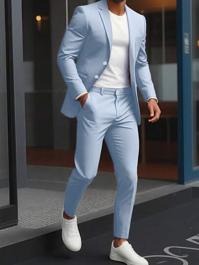 Manfinity Mode Conjunto masculino casual de blazer e calça em cor sólida para o dia a dia, ideal para ocasiões formais.