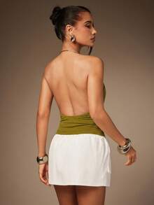Hauture Tie Front Plunging Neck Halter Top With Ring Necklace - Green - View 5