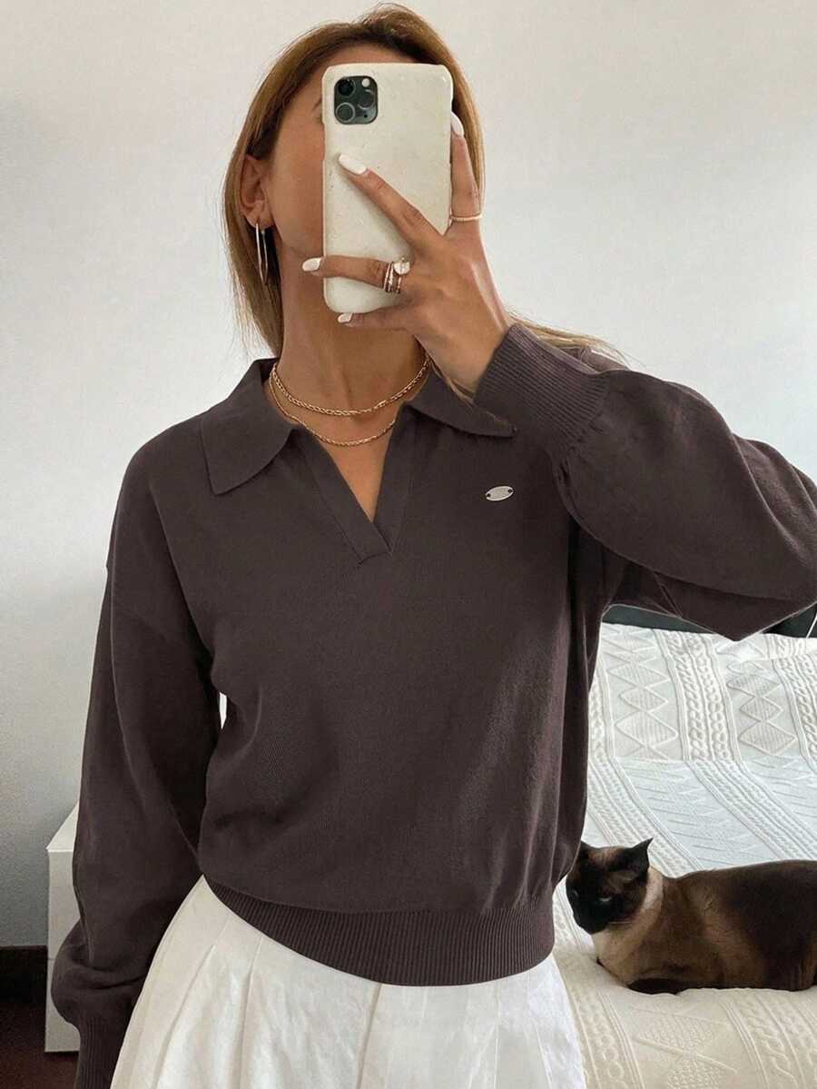 Livesso Women's Solid Color Integrated Knit Collar Polo Neck Casual Commuter Knit Top, Spring/Summer - Coffee Brown - View 1