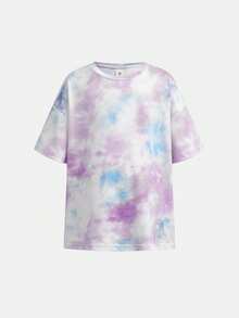 SHEIN Bộ 2 món áo thun cổ tròn và quần short nhuộm màu tie-dye cho bé gái, thích hợp mặc thường ngày. - Màu Hồng baby - Xem 8