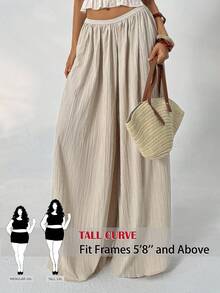 SHEIN Tall CURVE CURVE 大尺碼女款高個女孩米色秋季波希米亞風傳統希臘女神休閒優雅度假假日紋理寬鬆闊腿褲 - 杏色 - 查看 4