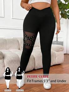 SHEIN PETITE CURVE 大码女式纯色基础日常打底裤 - 黑色 - 查看 3