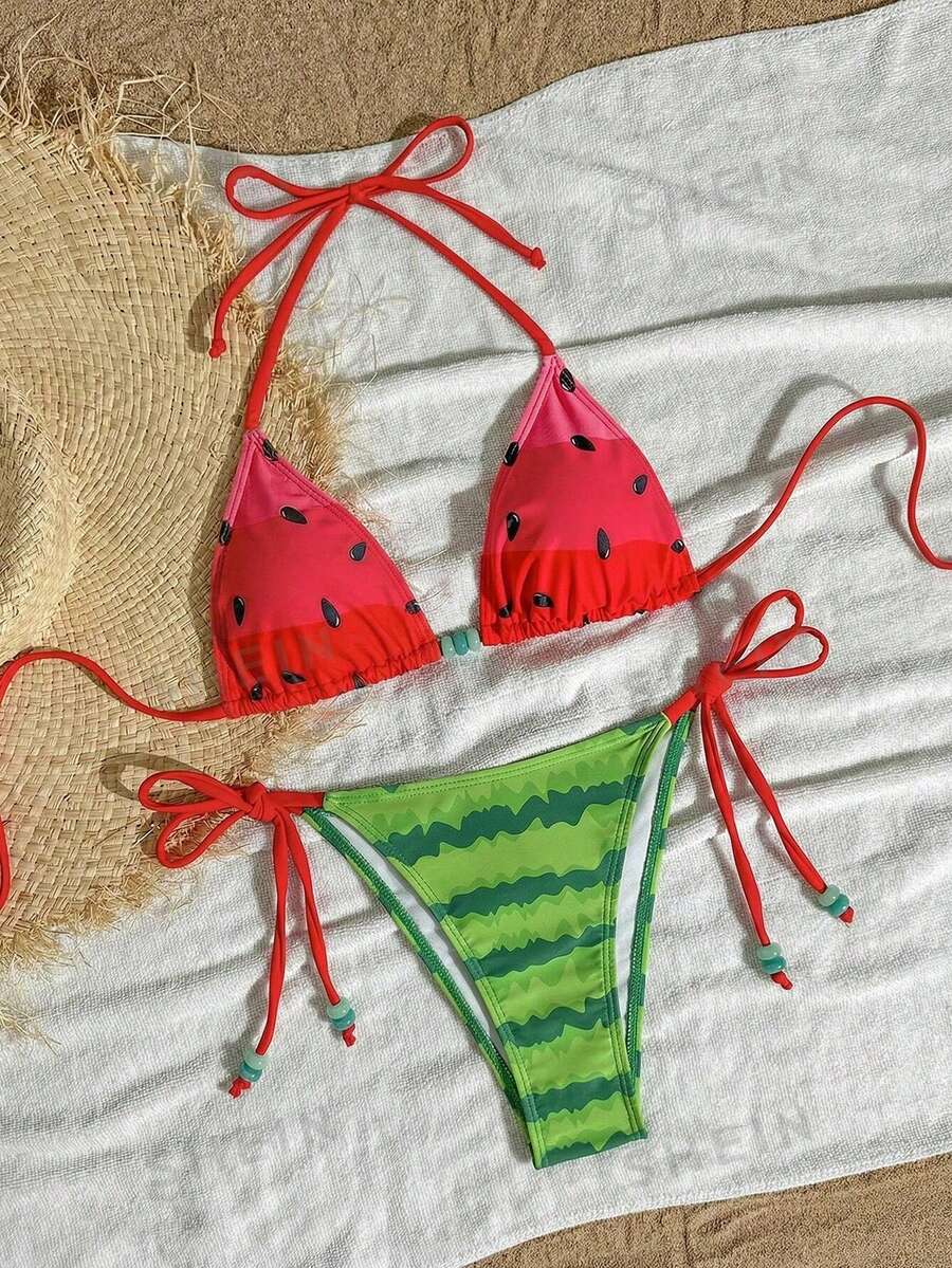 Swim Mod Women's Watermelon Print Halter Neck Swimwear Set