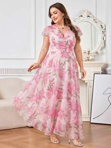 Reflora Gaun Wanita Ukuran Besar Elegan dengan Motif Bunga, Gaun untuk Tamu Pernikahan Musim Panas - Hot Pink - View 5