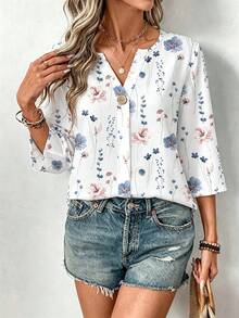 EMERY ROSE Plus Size Floral Print Button-Up Shirt, Suitable For Vacation And Everyday Wear Vacation White Autumn Smart Casual - Multicolor - View 3