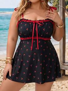 SHEIN CURVE+ Swim Mod 2026 New Plus Size Cherry Print Casual Cute Tankini Swimsuit Set - Black - View 3