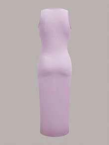 SHEIN EZwear 夏季纯色褶皱腰身连衣裙，淡紫色 - 紫丁香色 - 查看 2