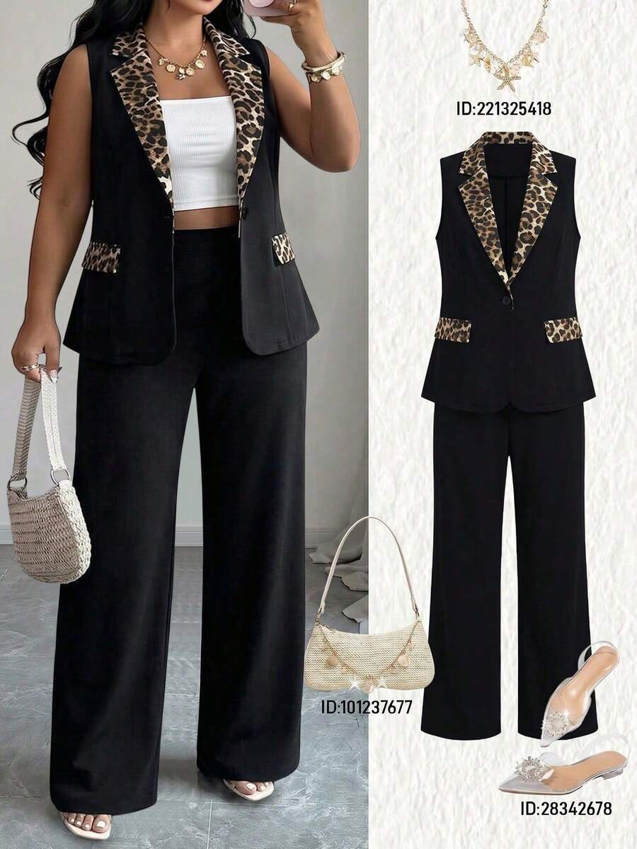 Elenzga Plus Size Women's Leopard Print Sleeveless Lapel Blazer And Straight Leg Pants 2 Pieces Set, Suitable For Spring/Summer Office Wear - Black - View 1