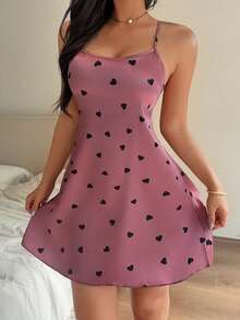 Napfluff Áo ngủ hai dây bằng satin in hình trái tim - Hồng - Xem 3